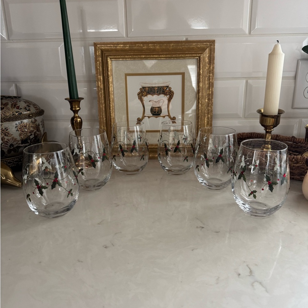 Christmas Holly Stemless Wine Glass Hand Painted  Bedazzled Jeweled Set of 6